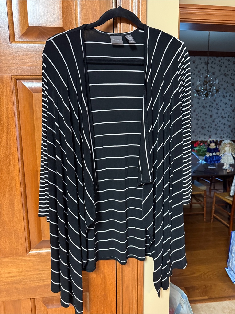 Chico's Black and White Striped Draped Open-Front Cardigan-travelers